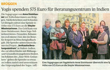 Rheinische Post: Yogis spenden 575 Euro für Beratungszentrum in Indien - Karana Yoga - Anne Steinhauser